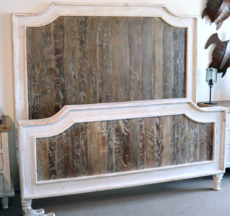 Cara Bed in white finish with natural reclaimed wood panels.
