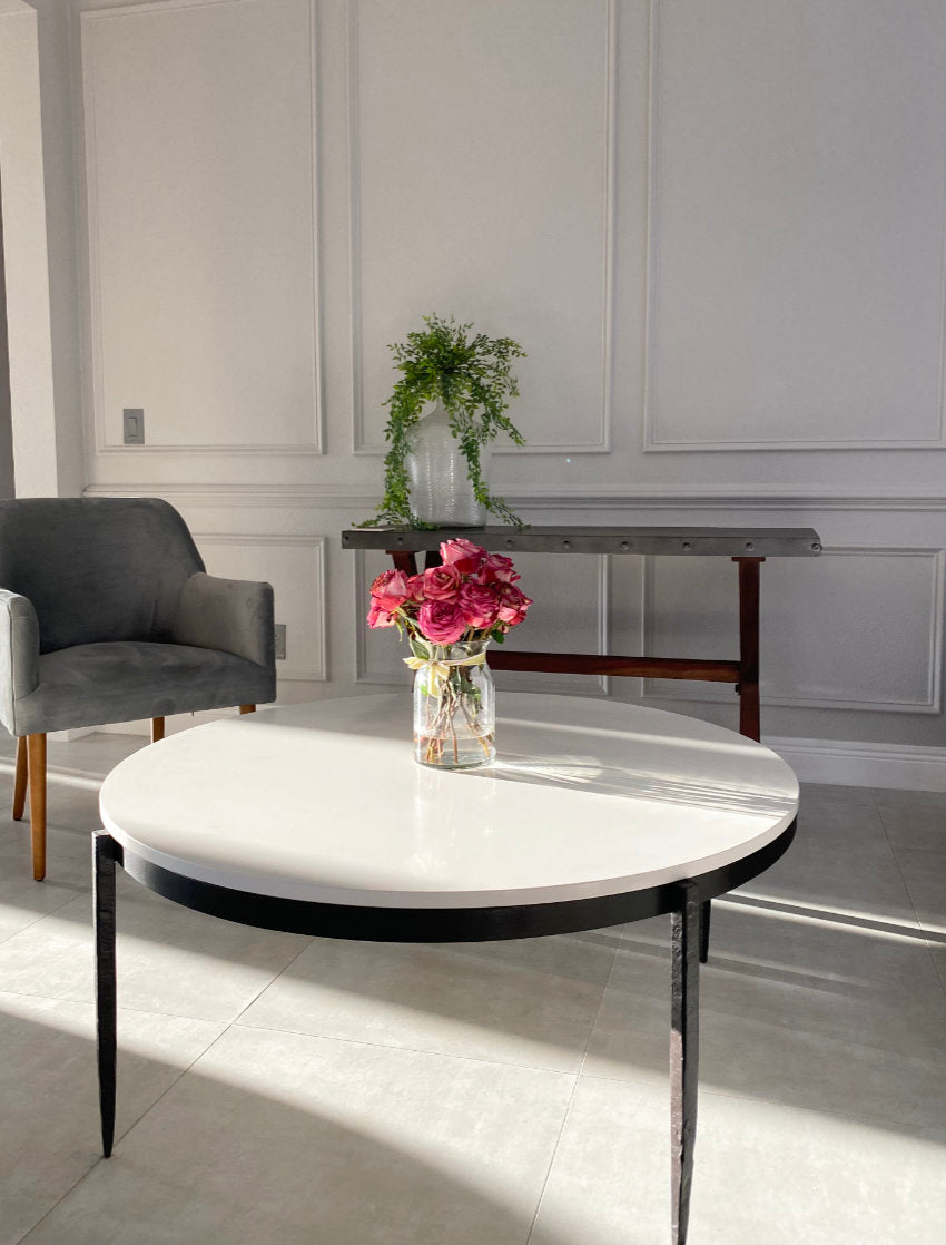 iron coffee table with white quartz top