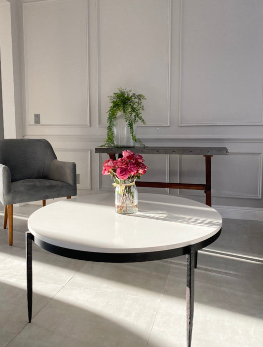 iron coffee table with white quartz top